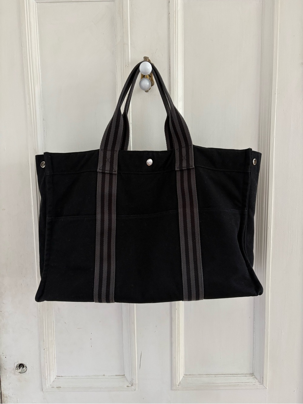 Hermes Black Canvas Tote with Gray Striped Handles